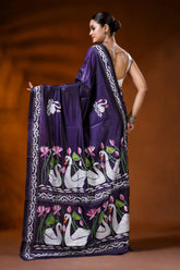 Deep purple handcrafted kantha silk saree with swan lotus design 5