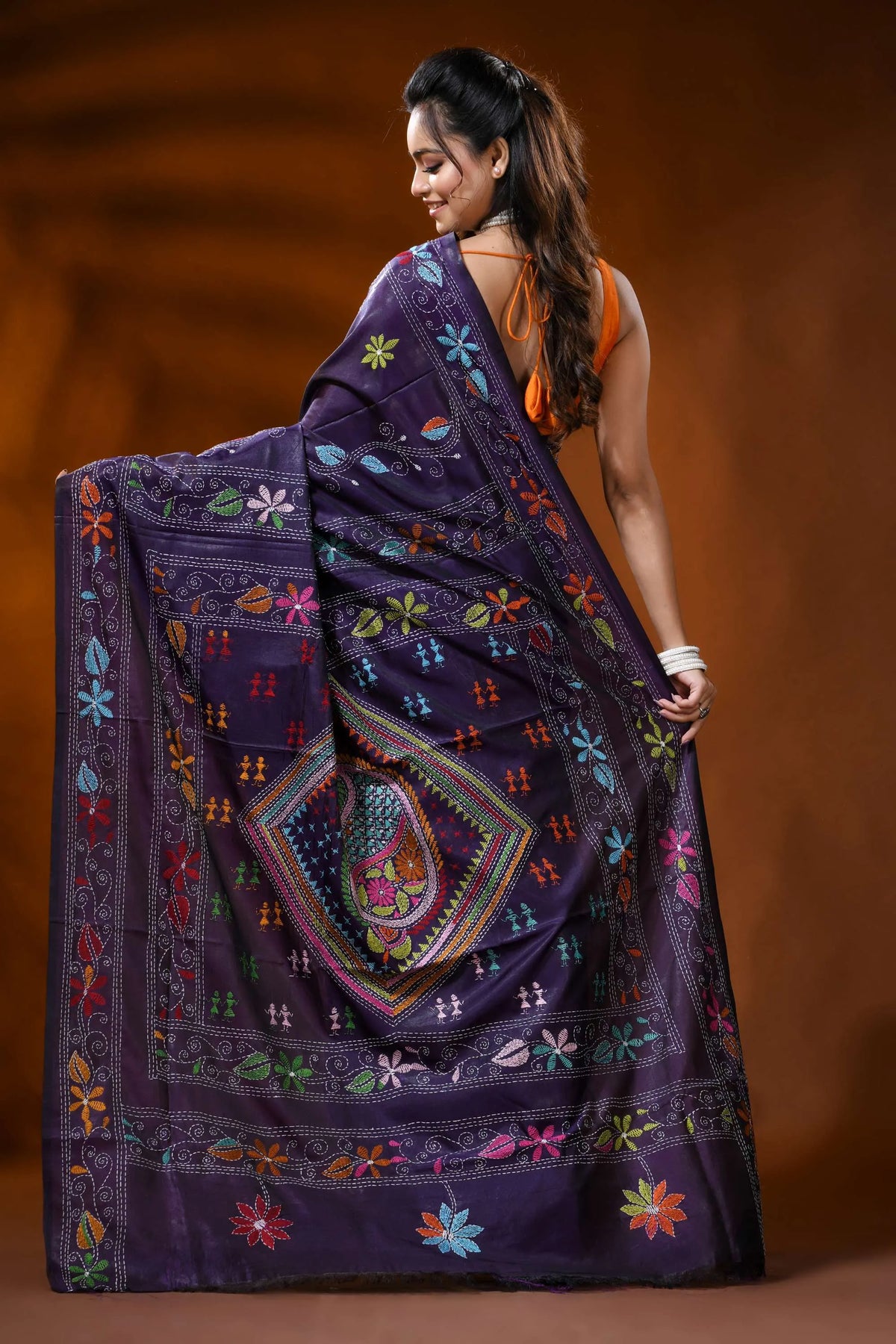 Deep purple handmade silk kantha saree with paisley folk art motif 5