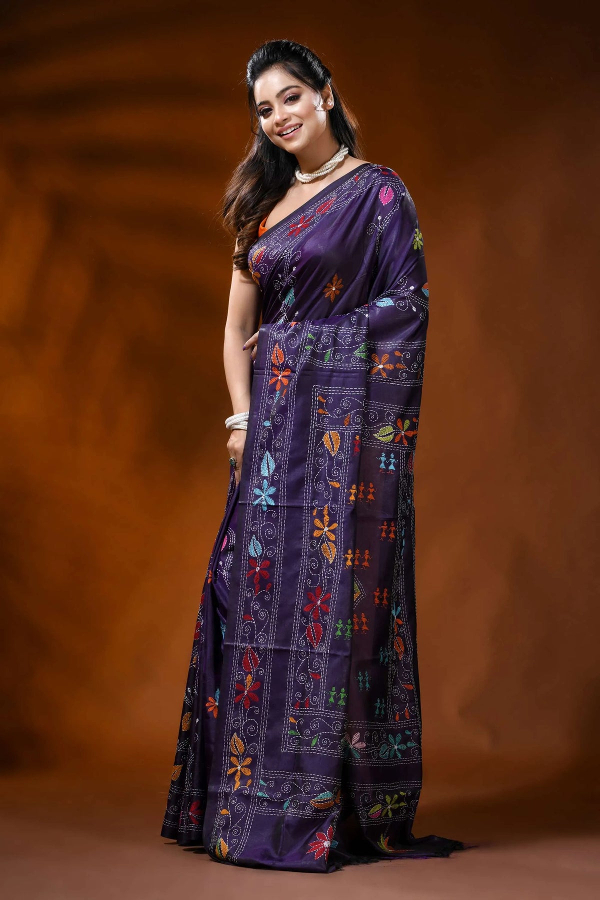Deep purple handmade silk kantha saree with paisley folk art motif 3