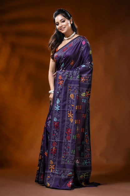 Deep purple handmade silk kantha saree with paisley folk art motif 3