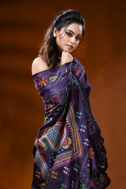 Deep purple handmade silk kantha saree with paisley folk art motif 2