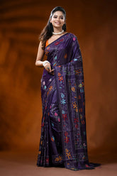 Deep purple handmade silk kantha saree with paisley folk art motif 6