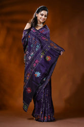 Deep purple handmade silk kantha saree with paisley folk art motif 4