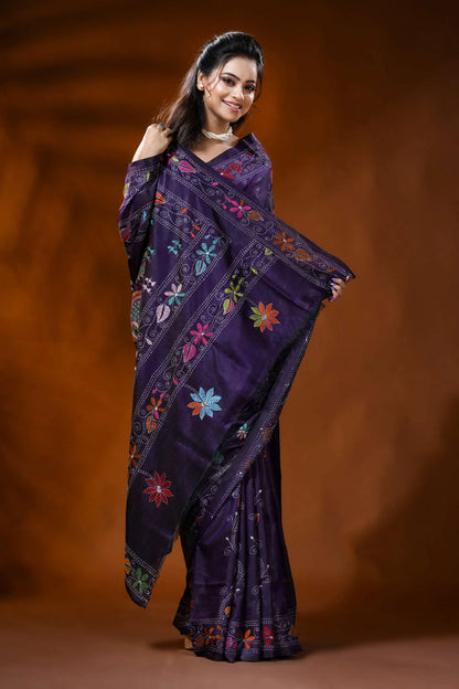 Deep purple handmade silk kantha saree with paisley folk art motif 4