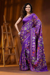 Deep purple multi-thread floral motif hand embroidered silk kantha saree 7
