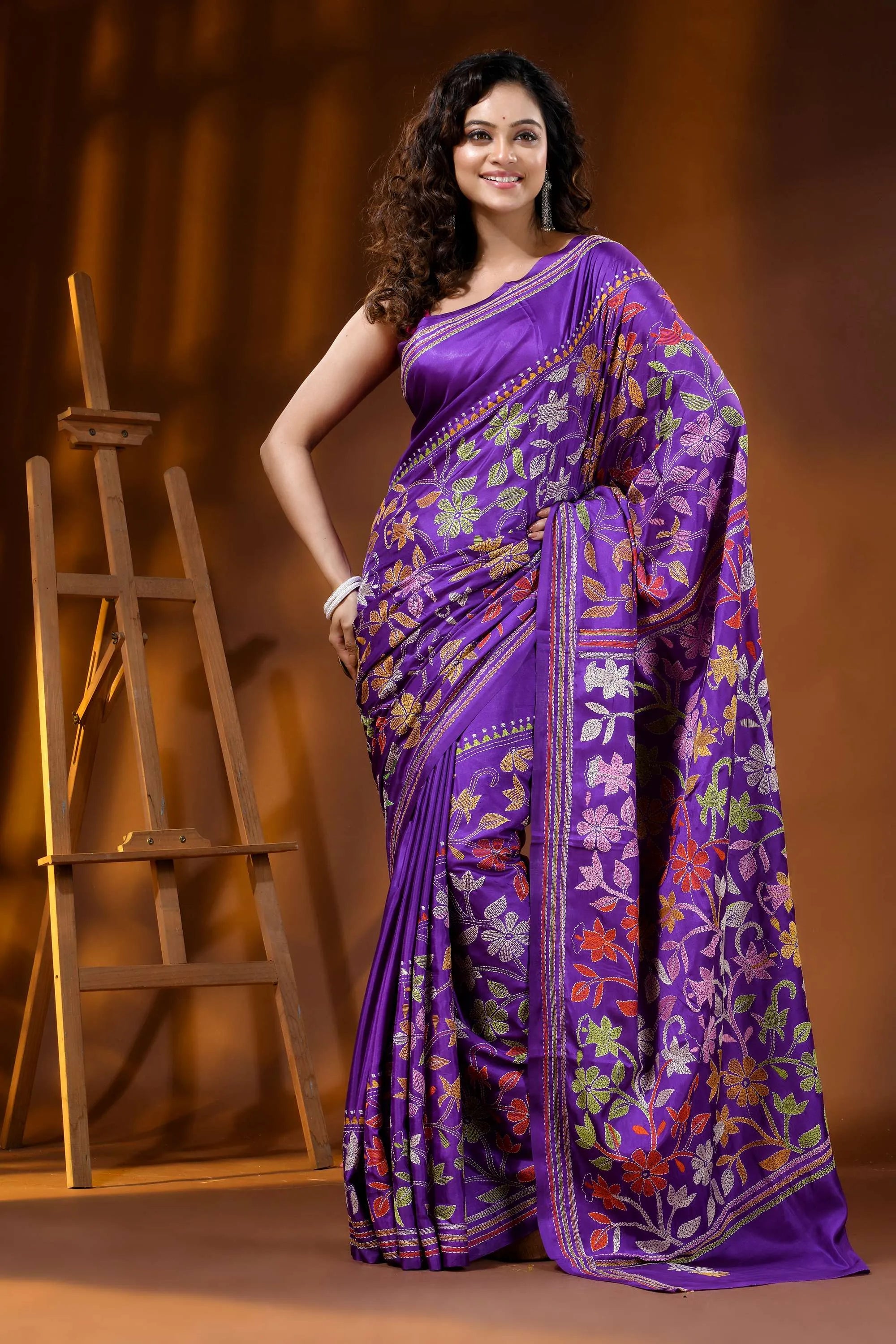 Deep purple multi-thread floral motif hand embroidered silk kantha saree 7