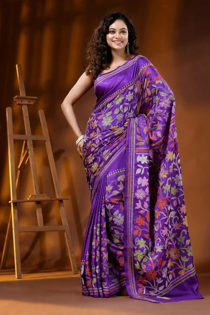 Deep purple multi-thread floral motif hand embroidered silk kantha saree 7