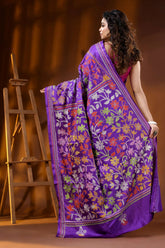 Deep purple multi-thread floral motif hand embroidered silk kantha saree 5