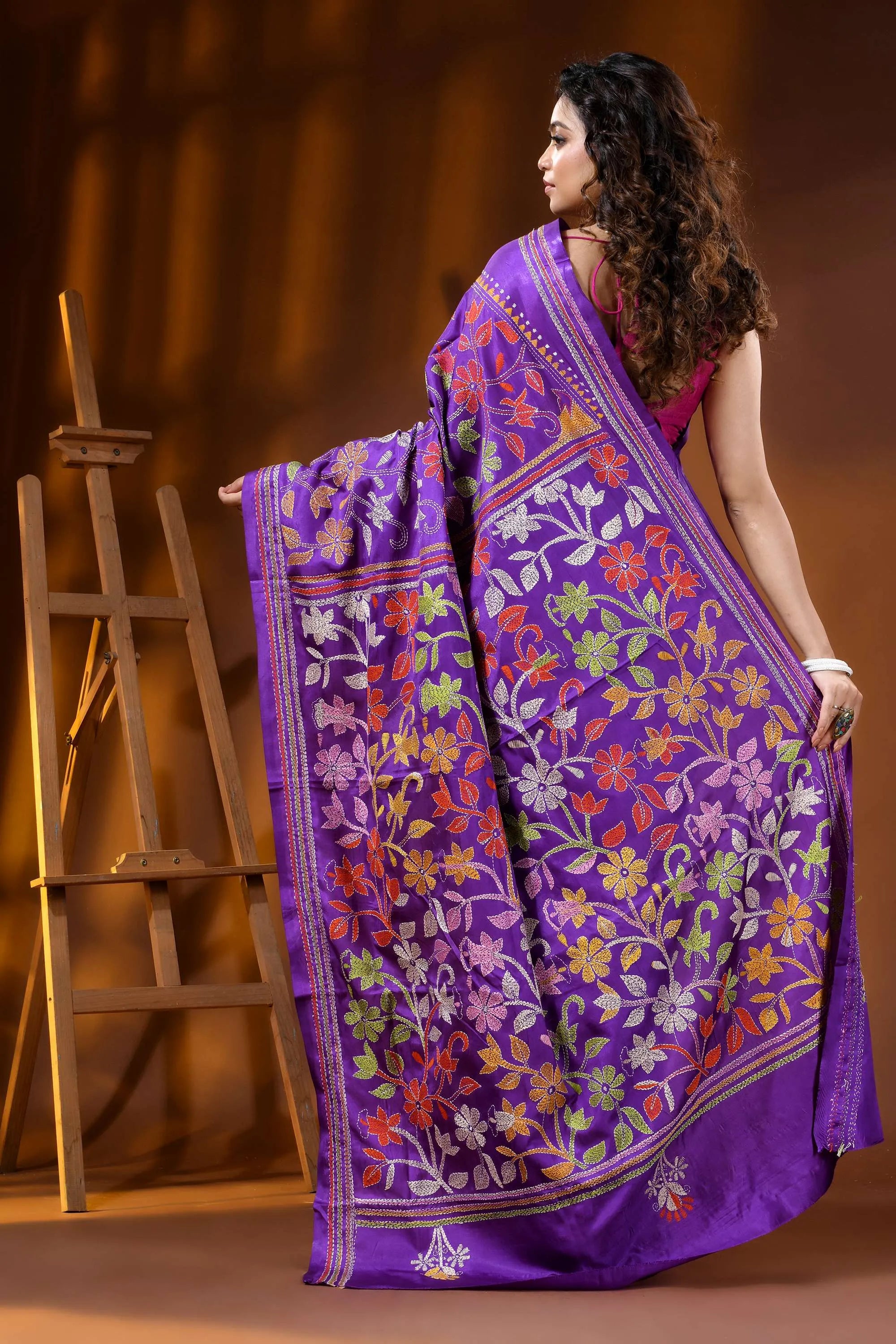 Deep purple multi-thread floral motif hand embroidered silk kantha saree 5