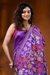 Deep purple multi-thread floral motif hand embroidered silk kantha saree 2
