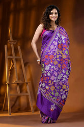 Deep purple multi-thread floral motif hand embroidered silk kantha saree 6
