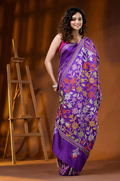 Deep purple multi-thread floral motif hand embroidered silk kantha saree 6