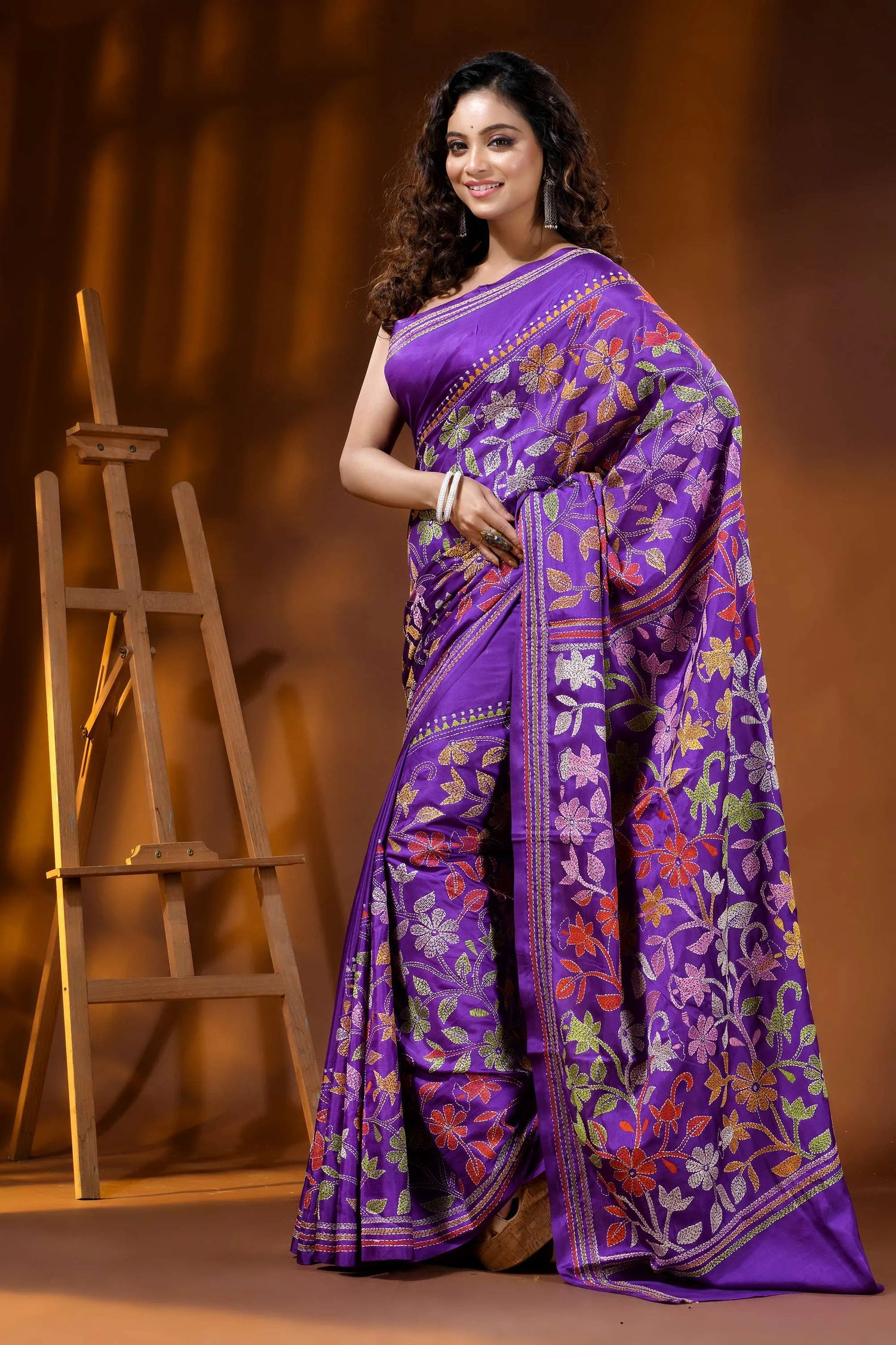 Deep purple multi-thread floral motif hand embroidered silk kantha saree 3