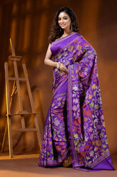 Deep purple multi-thread floral motif hand embroidered silk kantha saree 3