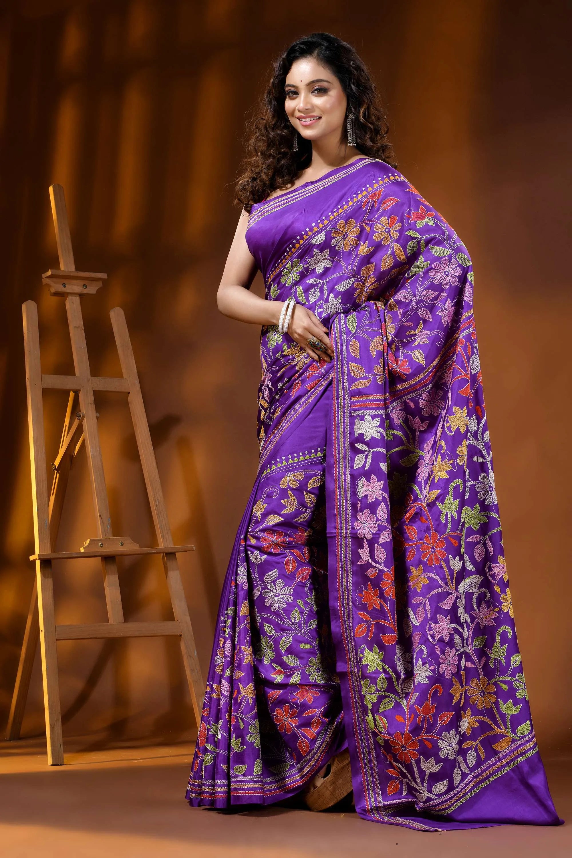 Deep purple multi-thread floral motif hand embroidered silk kantha saree 3