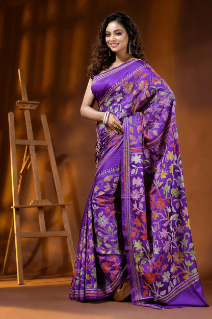Deep purple multi-thread floral motif hand embroidered silk kantha saree 3