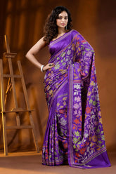 Deep purple multi-thread floral motif hand embroidered silk kantha saree 1