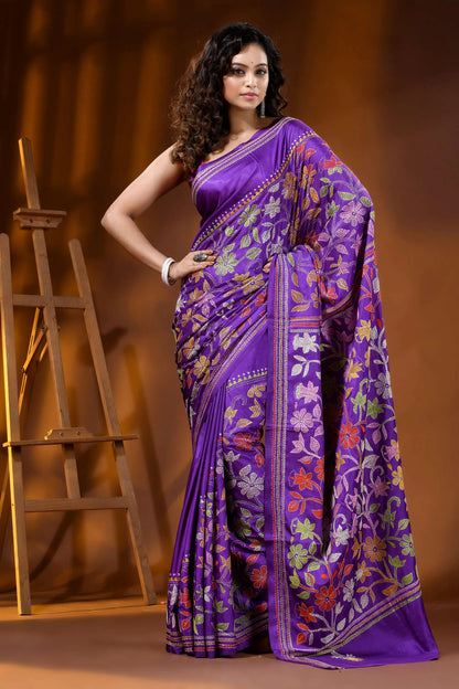 Deep purple multi-thread floral motif hand embroidered silk kantha saree 1