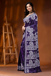Deep purple paisley silk gujarati stitch saree - hand embroidered 3