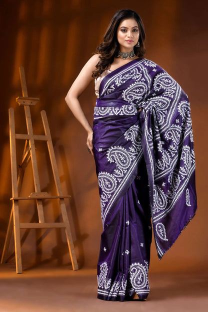 Deep purple paisley silk gujarati stitch saree - hand embroidered 6