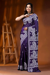 Deep purple paisley silk gujarati stitch saree - hand embroidered 7