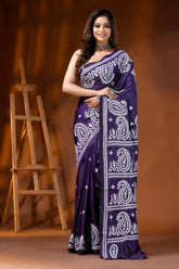 Deep purple paisley silk gujarati stitch saree - hand embroidered 1