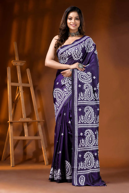 Deep purple paisley silk gujarati stitch saree - hand embroidered 1