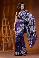 Deep purple paisley silk gujarati stitch saree - hand embroidered 4
