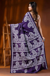 Deep purple paisley silk gujarati stitch saree - hand embroidered 5