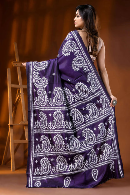 Deep purple paisley silk gujarati stitch saree - hand embroidered 5