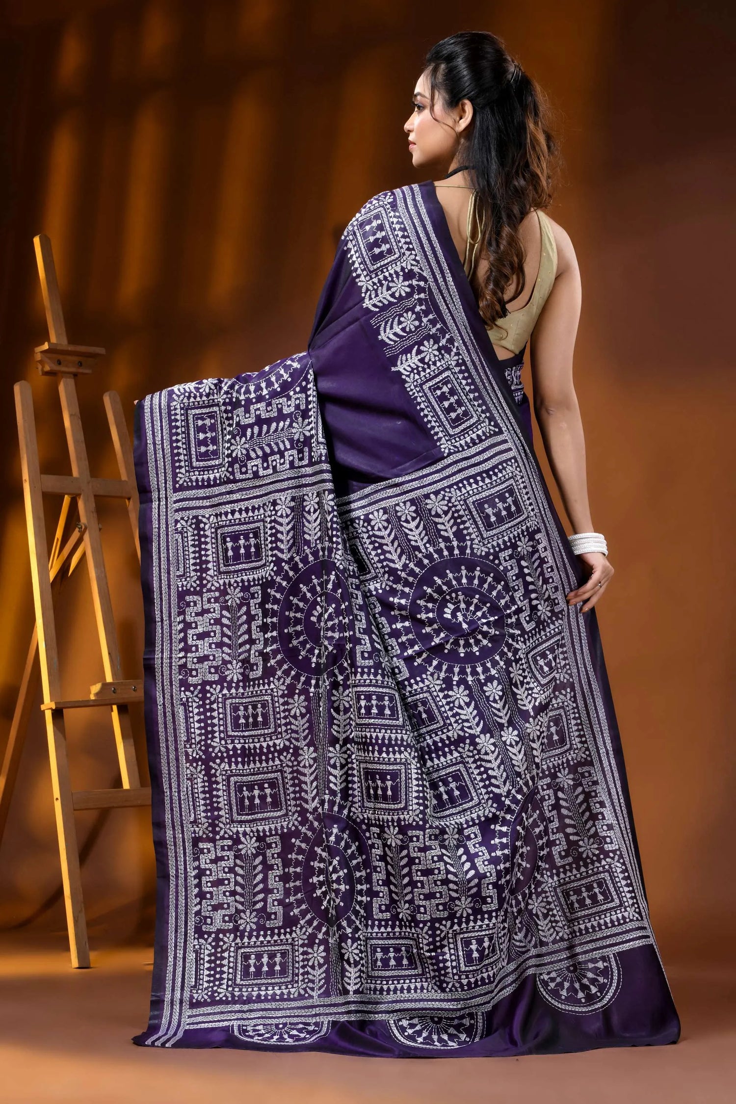 Deep purple silk kantha stitch saree hand embroidered ethnic wari design 4