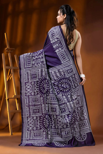 Deep purple silk kantha stitch saree hand embroidered ethnic wari design 4