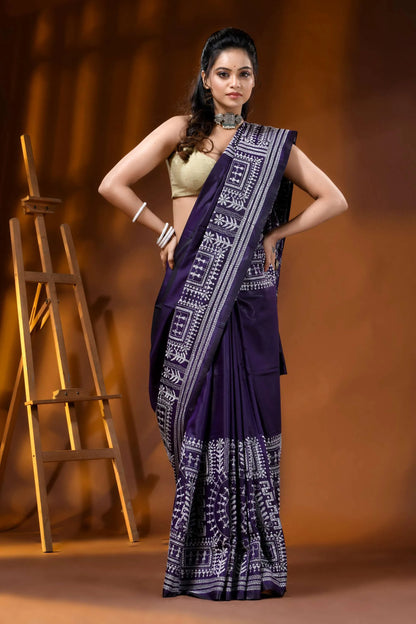 Deep purple silk kantha stitch saree hand embroidered ethnic wari design 5