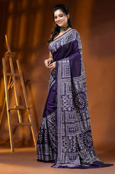 Deep purple silk kantha stitch saree hand embroidered ethnic wari design 3