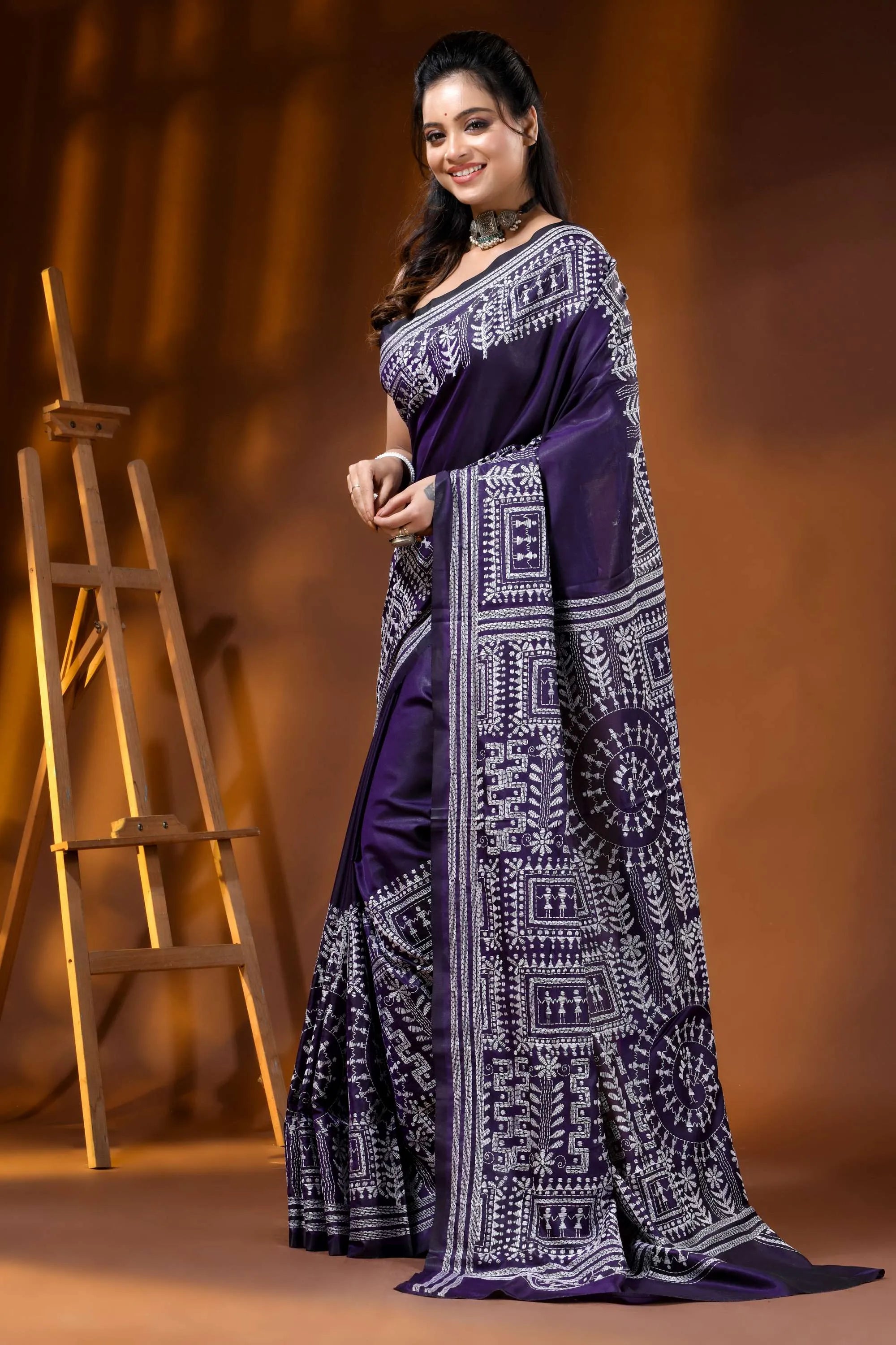 Deep purple silk kantha stitch saree hand embroidered ethnic wari design 3