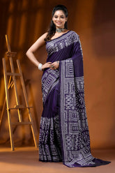 Deep purple silk kantha stitch saree hand embroidered ethnic wari design 1