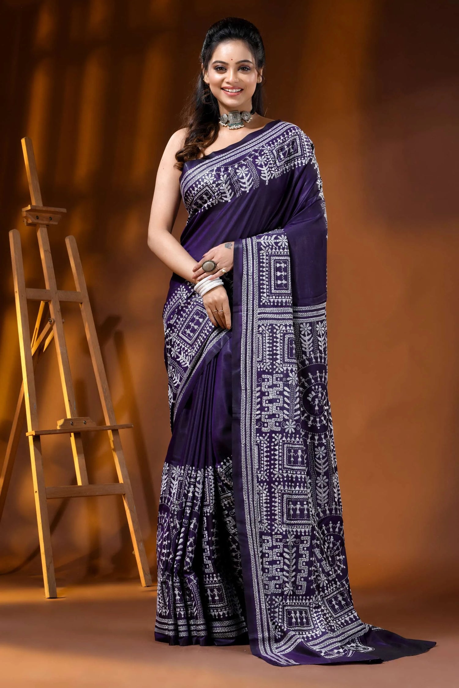 Deep purple silk kantha stitch saree hand embroidered ethnic wari design 6
