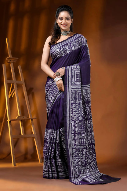 Deep purple silk kantha stitch saree hand embroidered ethnic wari design 6