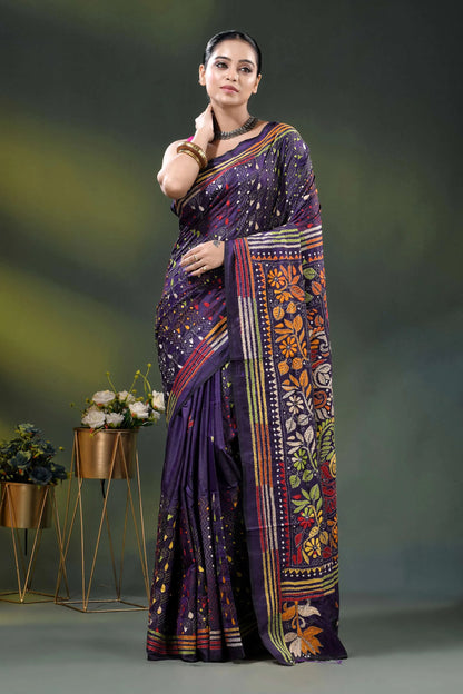 Deep purple silk kantha stitch saree with multicolor paisley motif 6