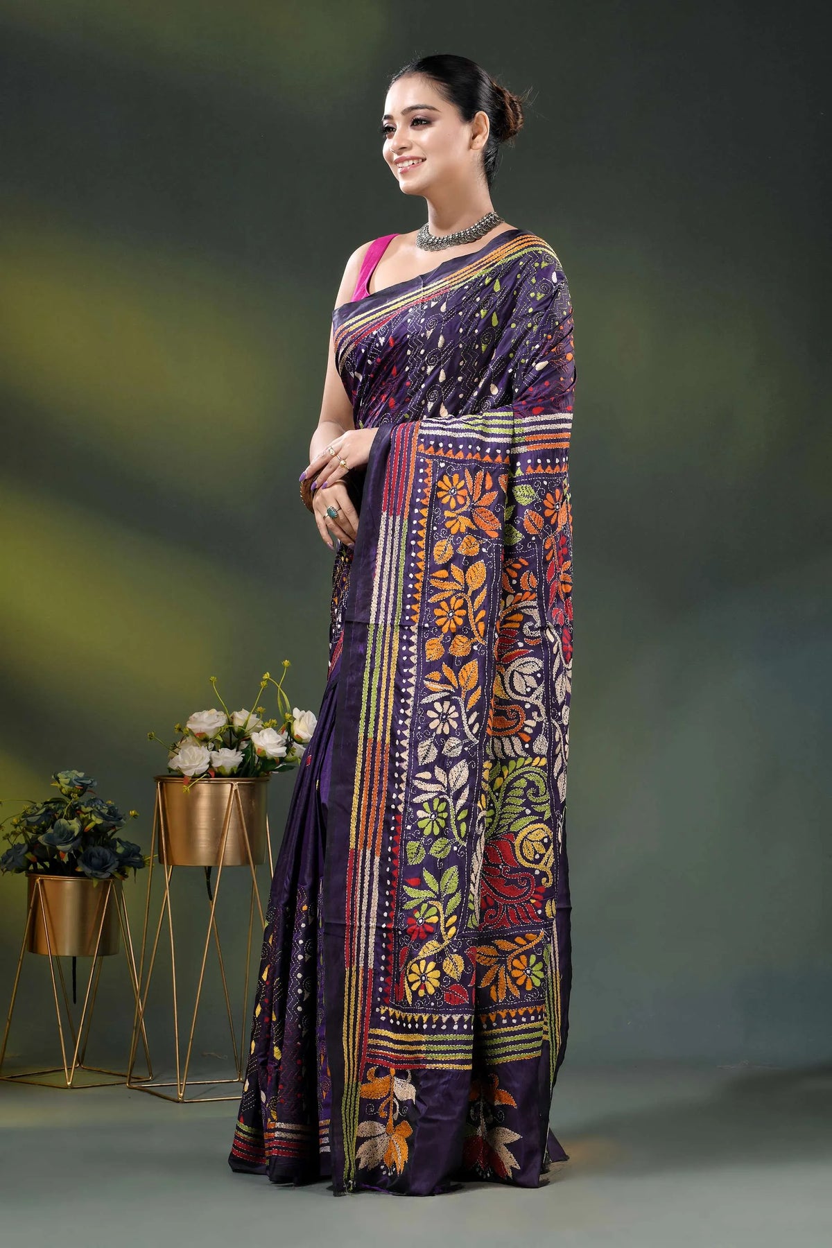 Deep purple silk kantha stitch saree with multicolor paisley motif 3