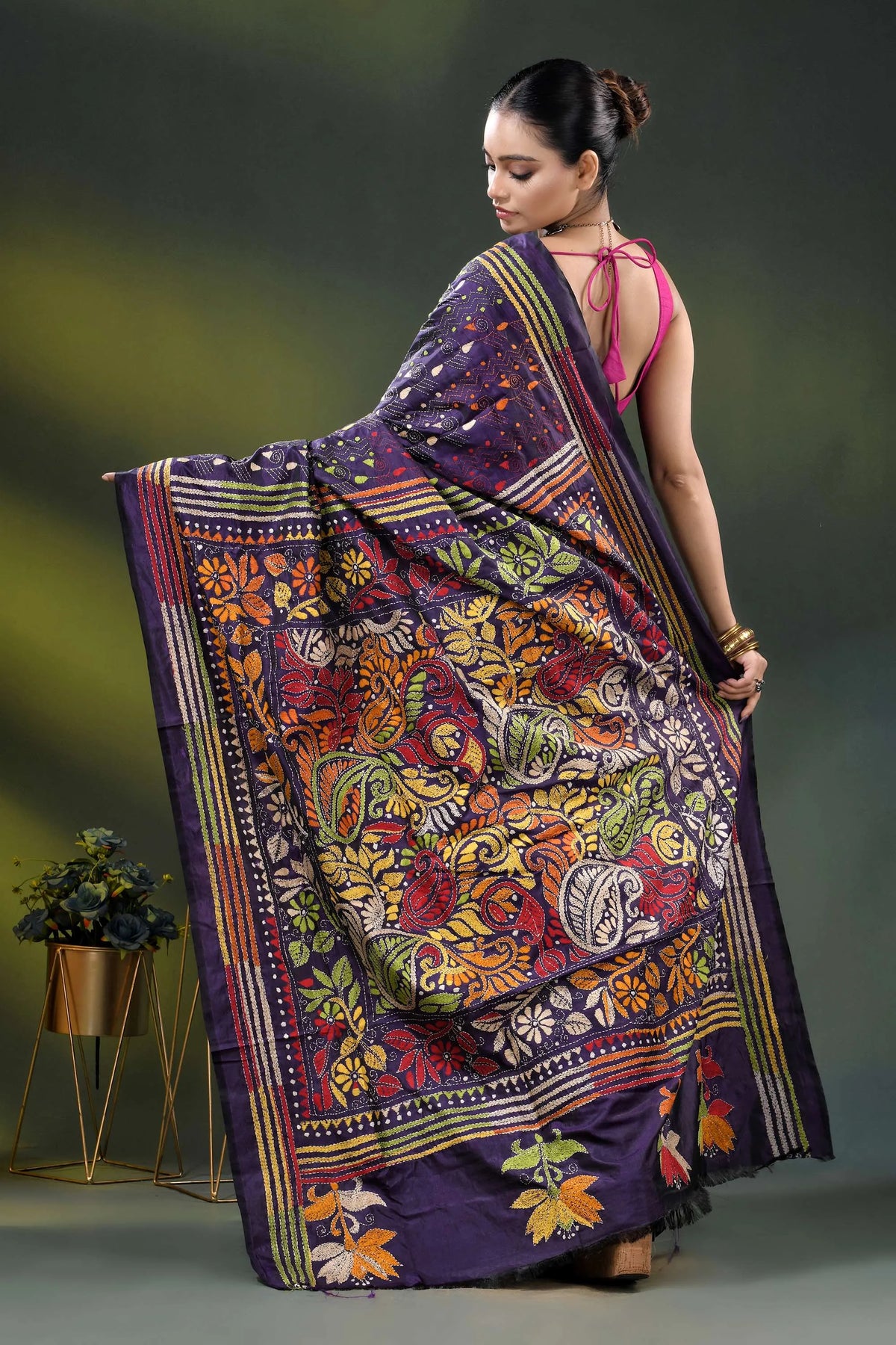 Deep purple silk kantha stitch saree with multicolor paisley motif 5
