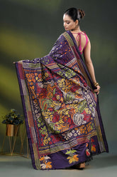 Deep purple silk kantha stitch saree with multicolor paisley motif 5