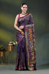 Deep purple silk kantha stitch saree with multicolor paisley motif 1