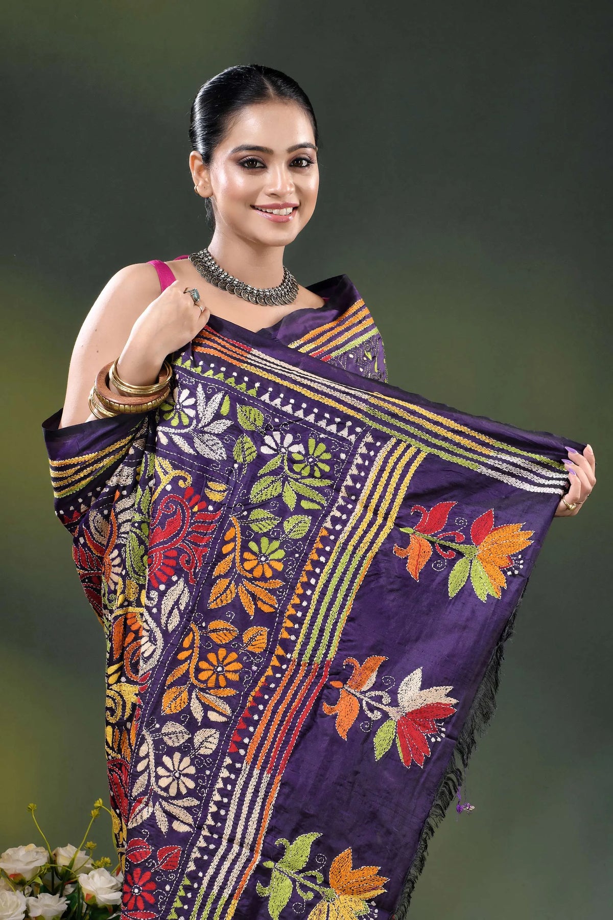 Deep purple silk kantha stitch saree with multicolor paisley motif 2