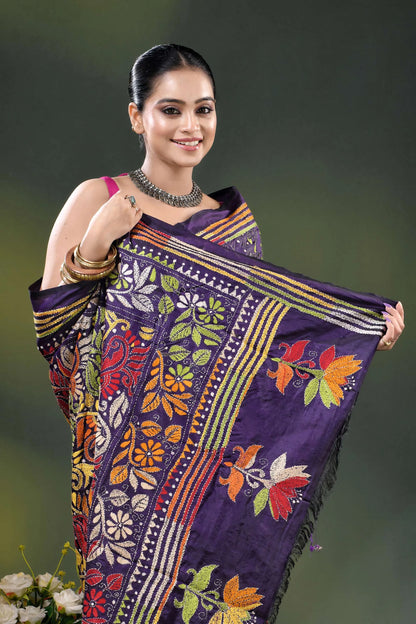 Deep purple silk kantha stitch saree with multicolor paisley motif 2