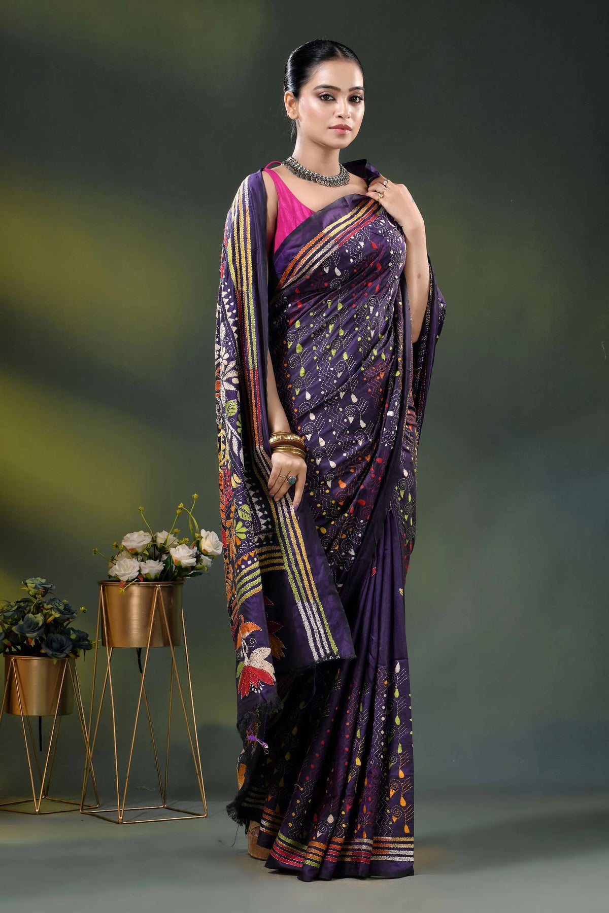 Deep purple silk kantha stitch saree with multicolor paisley motif 4