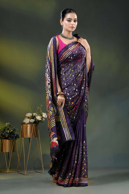 Deep purple silk kantha stitch saree with multicolor paisley motif 4