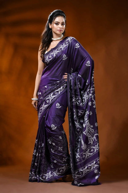 Deep purple silk saree with shakuntala hand kantha embroidery 4