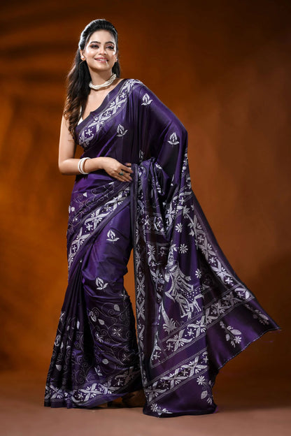 Deep purple silk saree with shakuntala hand kantha embroidery 7