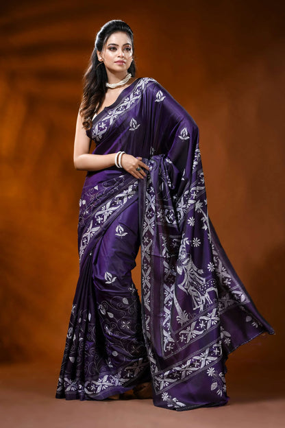 Deep purple silk saree with shakuntala hand kantha embroidery 1